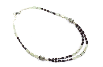 Double-Strand Garnet and Green Aventurine Necklace – Handcrafted Crystal Layered Choker with Silver Spacer Accents, 32901