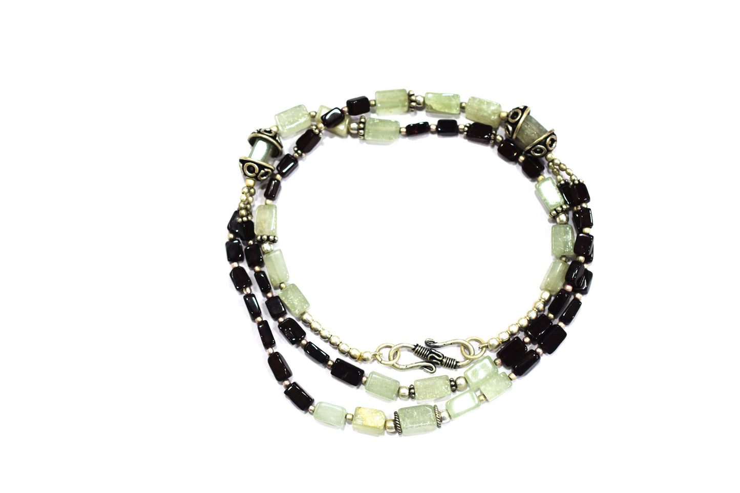 Double-Strand Garnet and Green Aventurine Necklace – Handcrafted Crystal Layered Choker with Silver Spacer Accents, 32901