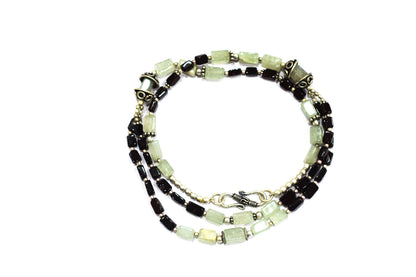Double-Strand Garnet and Green Aventurine Necklace – Handcrafted Crystal Layered Choker with Silver Spacer Accents, 32901