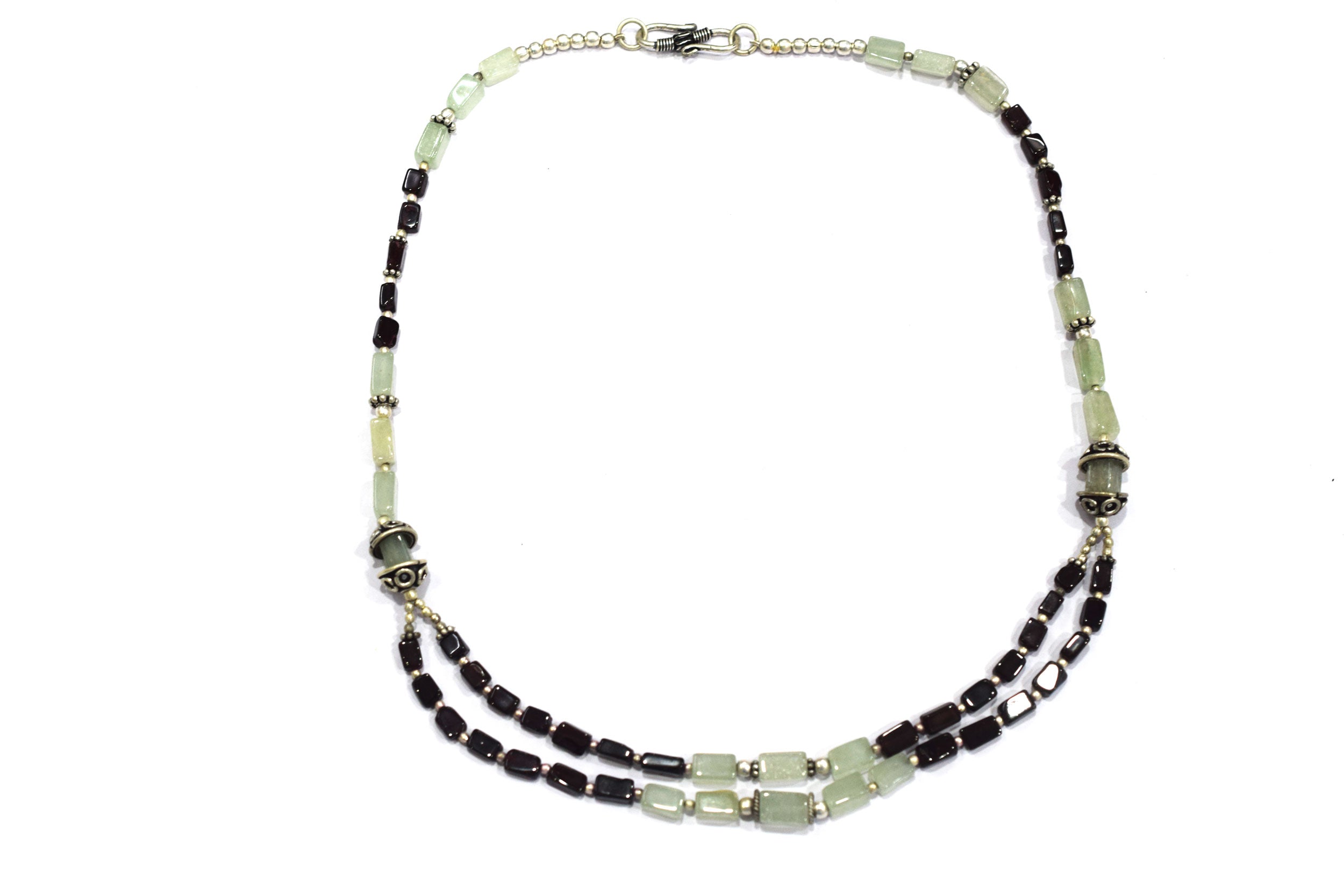 Double-Strand Garnet and Green Aventurine Necklace – Handcrafted Crystal Layered Choker with Silver Spacer Accents, 32901