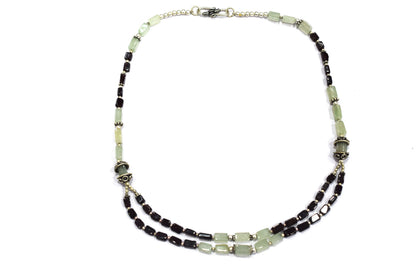 Double-Strand Garnet and Green Aventurine Necklace – Handcrafted Crystal Layered Choker with Silver Spacer Accents, 32901