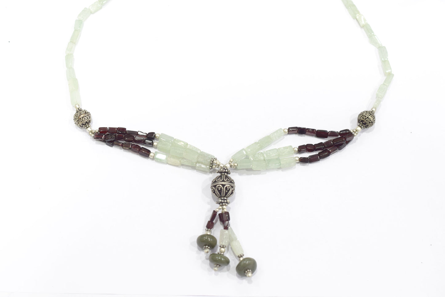 Multi-Strand Garnet and Green Aventurine Y-Necklace – Handcrafted Gemstone Lariat with Silver Filigree Focal Beads,32902