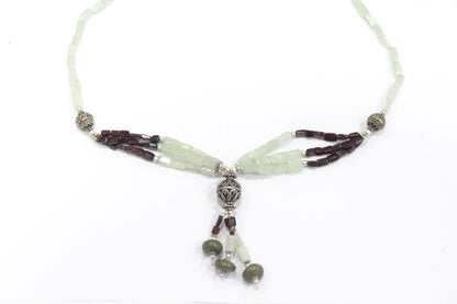 Multi-Strand Garnet and Green Aventurine Y-Necklace – Handcrafted Gemstone Lariat with Silver Filigree Focal Beads,32902