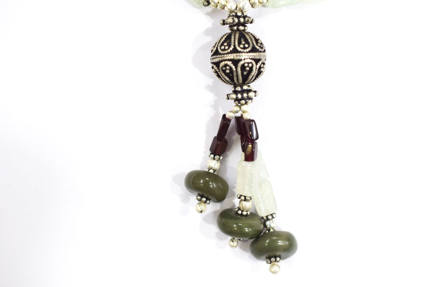 Multi-Strand Garnet and Green Aventurine Y-Necklace – Handcrafted Gemstone Lariat with Silver Filigree Focal Beads,32902