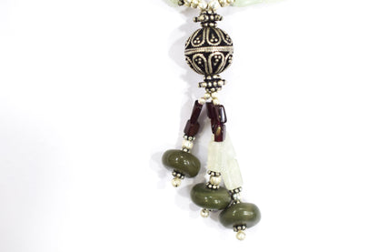 Multi-Strand Garnet and Green Aventurine Y-Necklace – Handcrafted Gemstone Lariat with Silver Filigree Focal Beads,32902