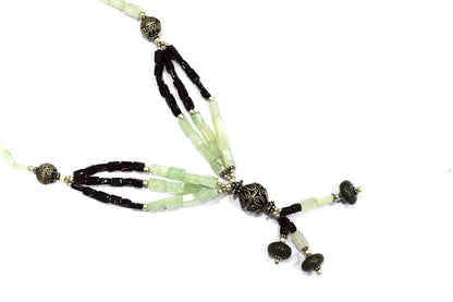 Multi-Strand Garnet and Green Aventurine Y-Necklace – Handcrafted Gemstone Lariat with Silver Filigree Focal Beads,32902