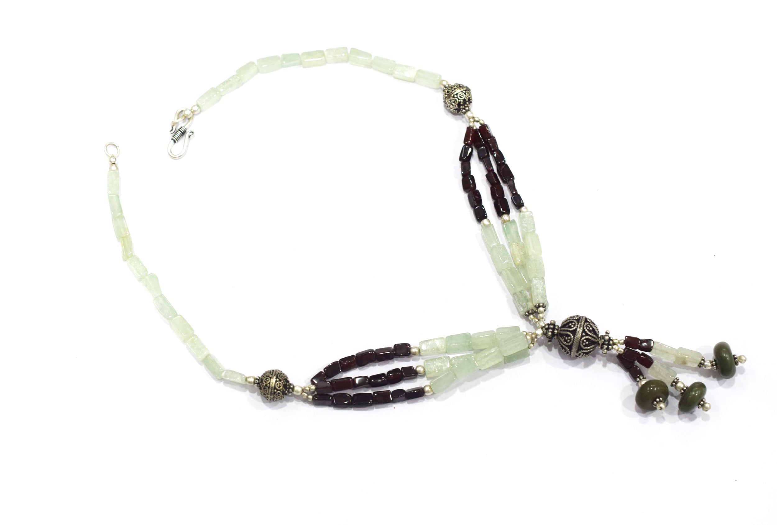 Multi-Strand Garnet and Green Aventurine Y-Necklace – Handcrafted Gemstone Lariat with Silver Filigree Focal Beads,32902