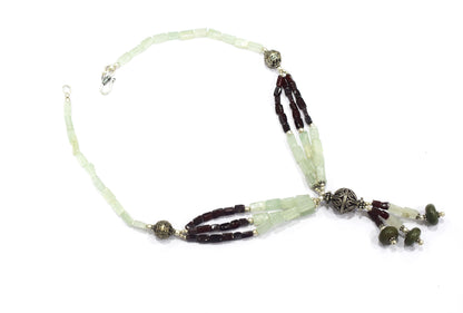 Multi-Strand Garnet and Green Aventurine Y-Necklace – Handcrafted Gemstone Lariat with Silver Filigree Focal Beads,32902