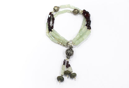 Multi-Strand Garnet and Green Aventurine Y-Necklace – Handcrafted Gemstone Lariat with Silver Filigree Focal Beads,32902