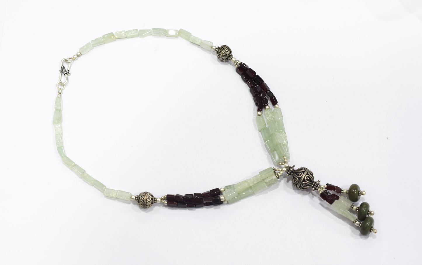 Multi-Strand Garnet and Green Aventurine Y-Necklace – Handcrafted Gemstone Lariat with Silver Filigree Focal Beads,32902