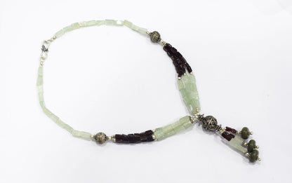 Multi-Strand Garnet and Green Aventurine Y-Necklace – Handcrafted Gemstone Lariat with Silver Filigree Focal Beads,32902