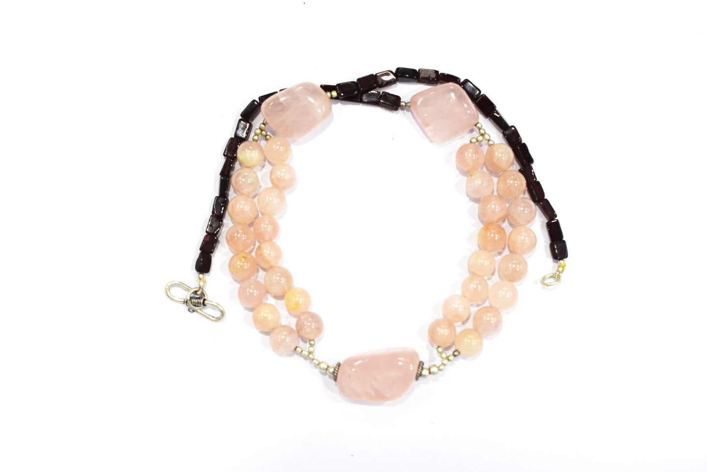 Multi-Strand Rose Quartz and Garnet Statement Necklace – Handcrafted Crystal Choker with Large Peach Quartz Focal Stones,32903