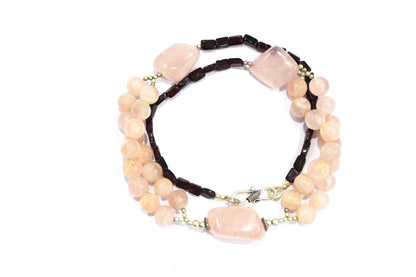 Multi-Strand Rose Quartz and Garnet Statement Necklace – Handcrafted Crystal Choker with Large Peach Quartz Focal Stones,32903