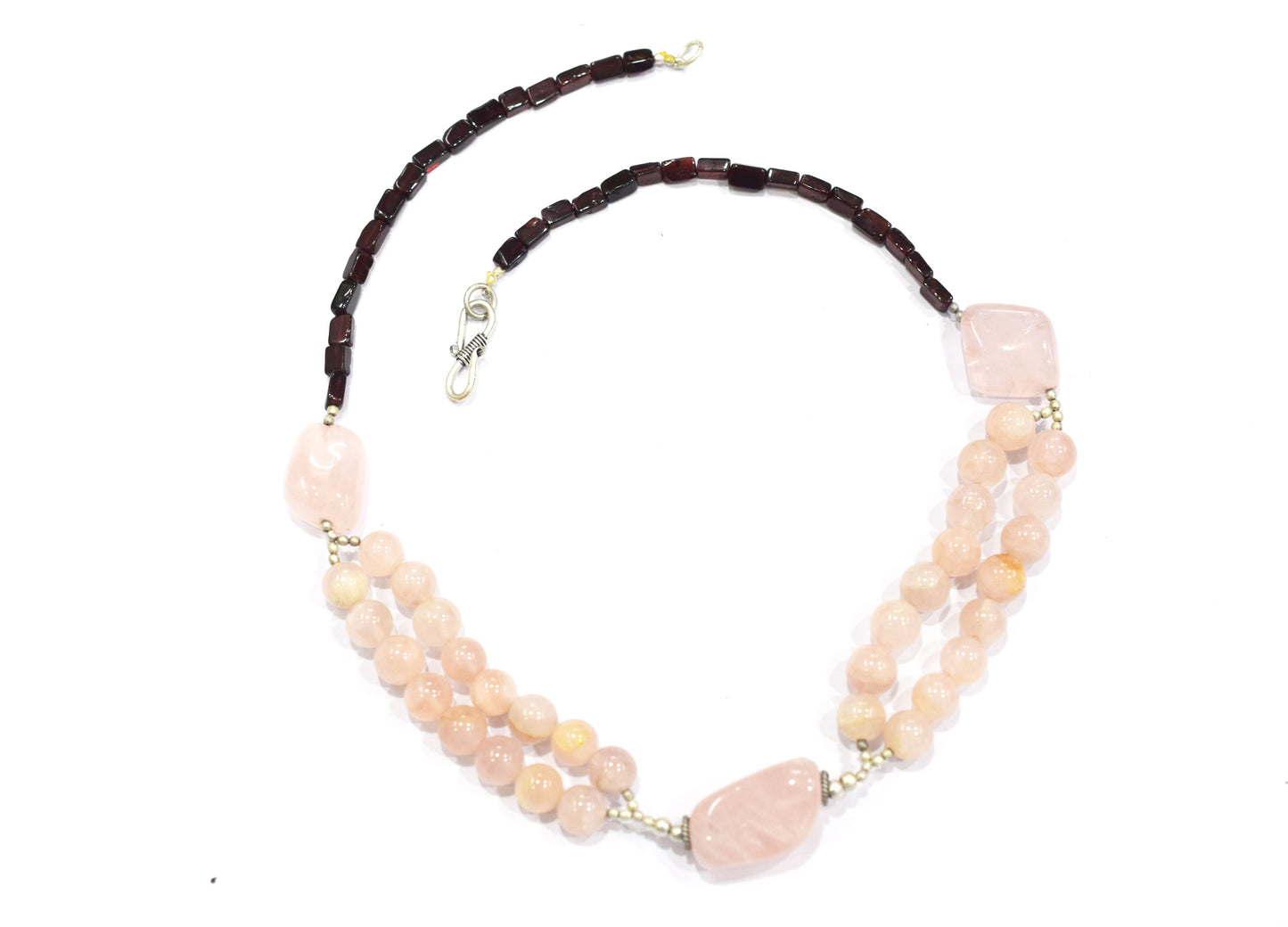 Multi-Strand Rose Quartz and Garnet Statement Necklace – Handcrafted Crystal Choker with Large Peach Quartz Focal Stones,32903