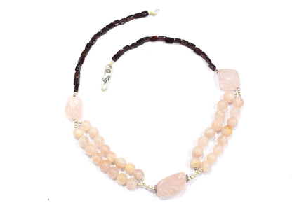 Multi-Strand Rose Quartz and Garnet Statement Necklace – Handcrafted Crystal Choker with Large Peach Quartz Focal Stones,32903