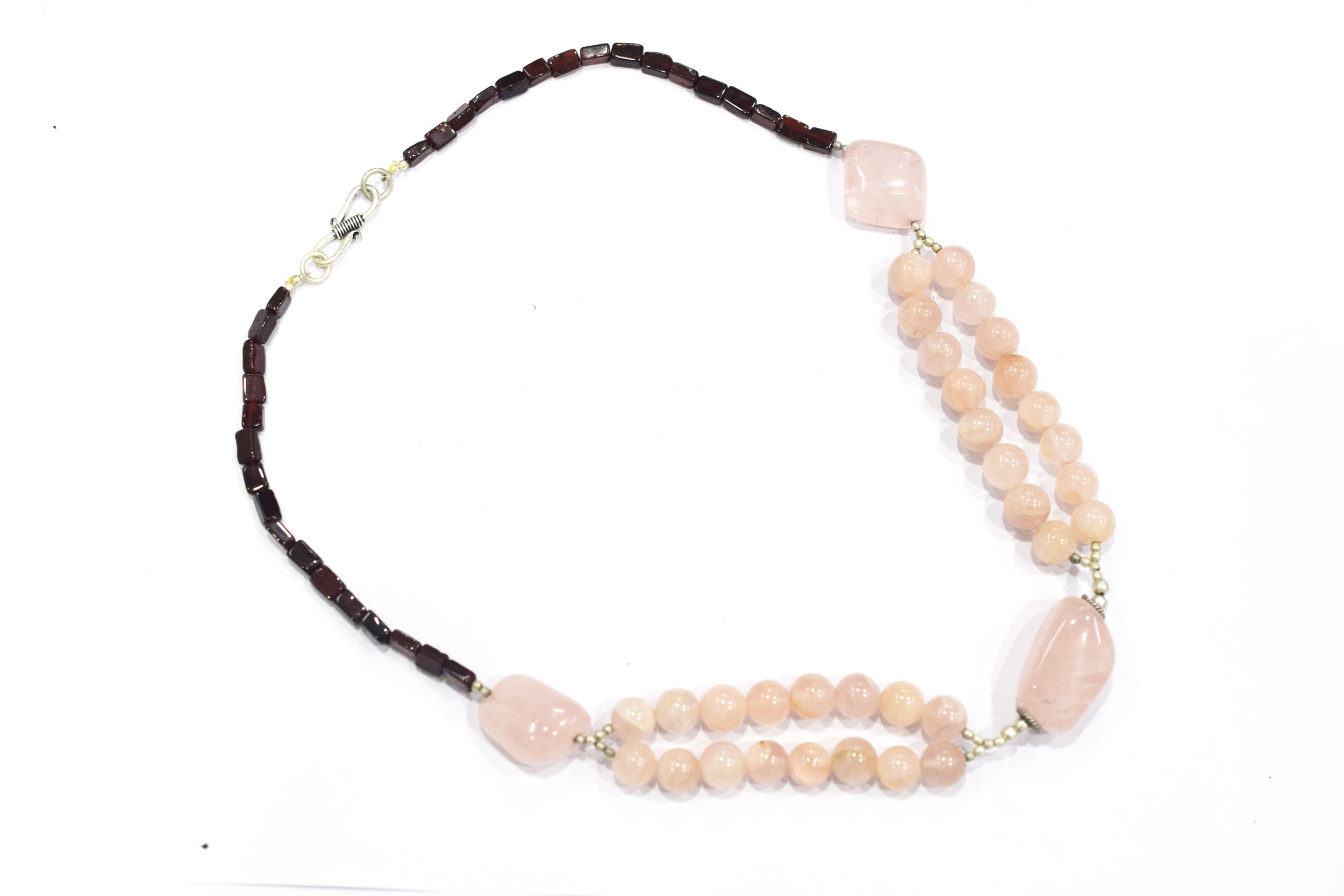 Multi-Strand Rose Quartz and Garnet Statement Necklace – Handcrafted Crystal Choker with Large Peach Quartz Focal Stones,32903