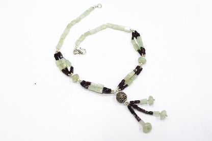 Green Aventurine and Deep Red Garnet Beaded Statement Necklace with Silver Focal Bead,32904