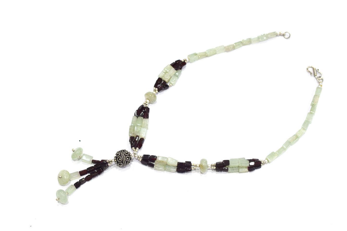 Green Aventurine and Deep Red Garnet Beaded Statement Necklace with Silver Focal Bead,32904