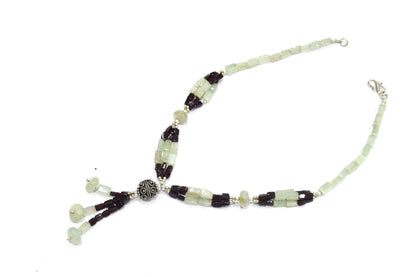 Green Aventurine and Deep Red Garnet Beaded Statement Necklace with Silver Focal Bead,32904