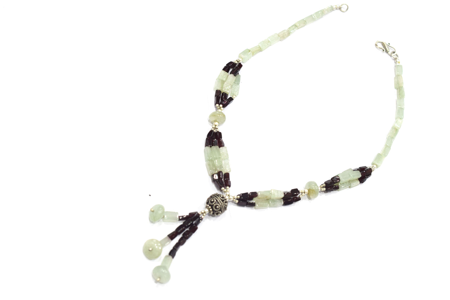 Green Aventurine and Deep Red Garnet Beaded Statement Necklace with Silver Focal Bead,32904