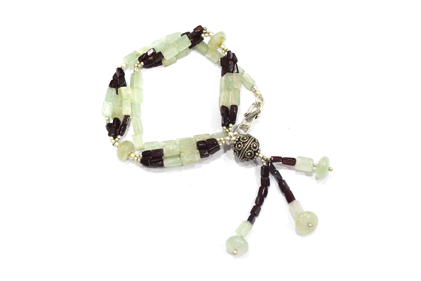 Green Aventurine and Deep Red Garnet Beaded Statement Necklace with Silver Focal Bead,32904