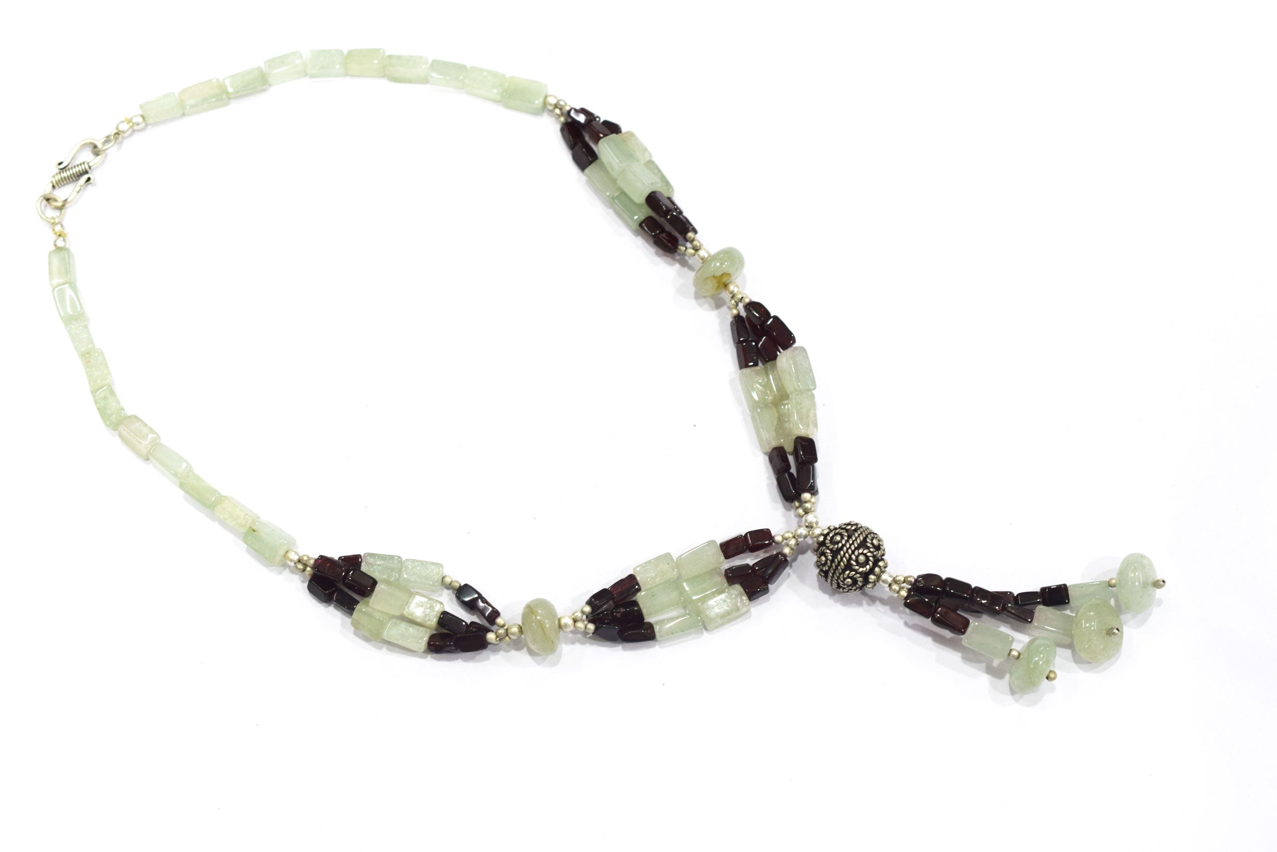 Green Aventurine and Deep Red Garnet Beaded Statement Necklace with Silver Focal Bead,32904