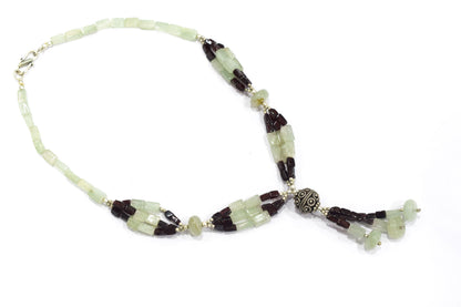 Green Aventurine and Deep Red Garnet Beaded Statement Necklace with Silver Focal Bead,32904