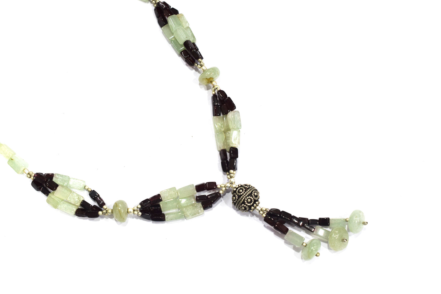 Green Aventurine and Deep Red Garnet Beaded Statement Necklace with Silver Focal Bead,32904