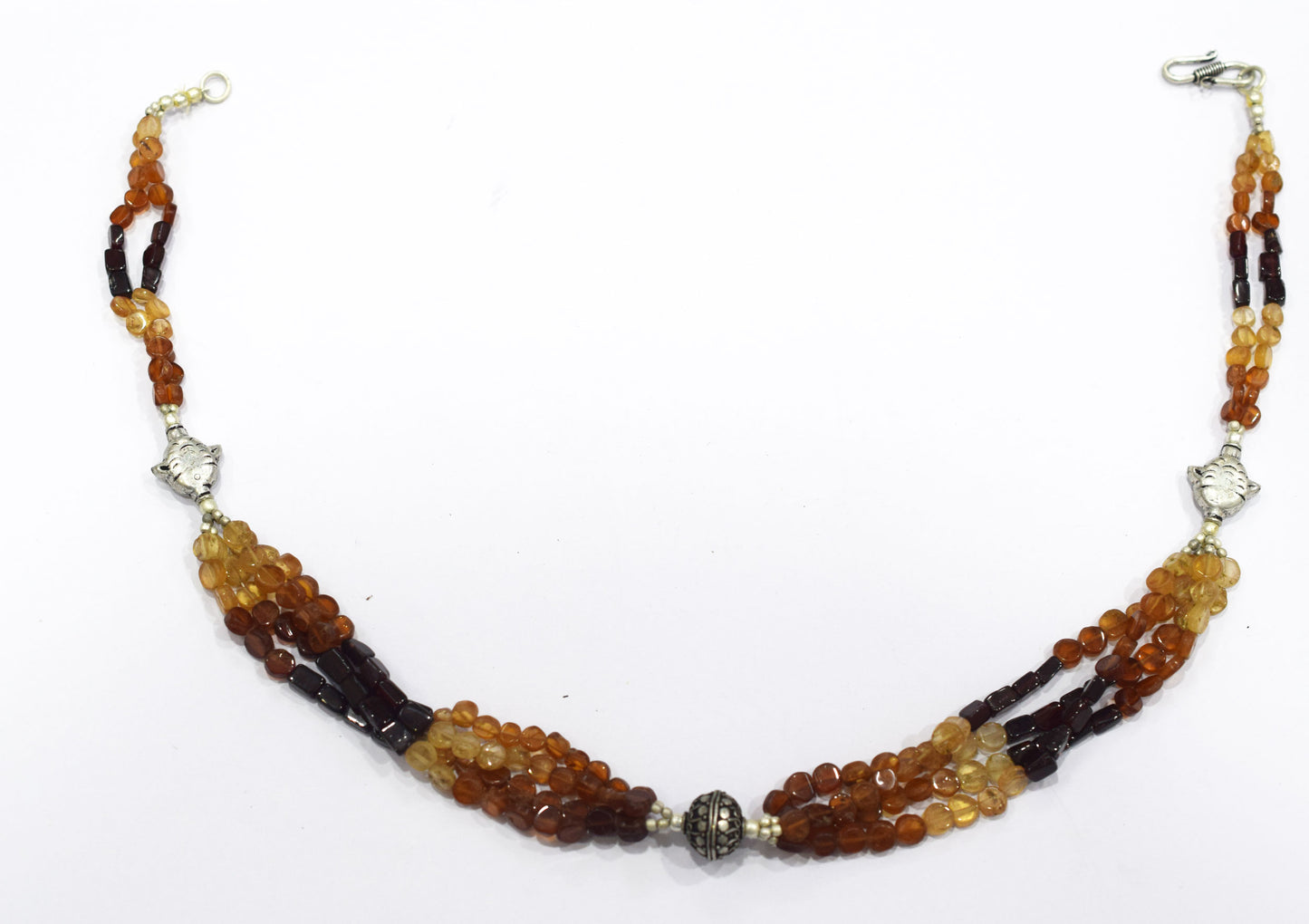 Hesonite Garnet and Red Garnet Multistrand Statement Necklace with Silver Accent Beads,32905