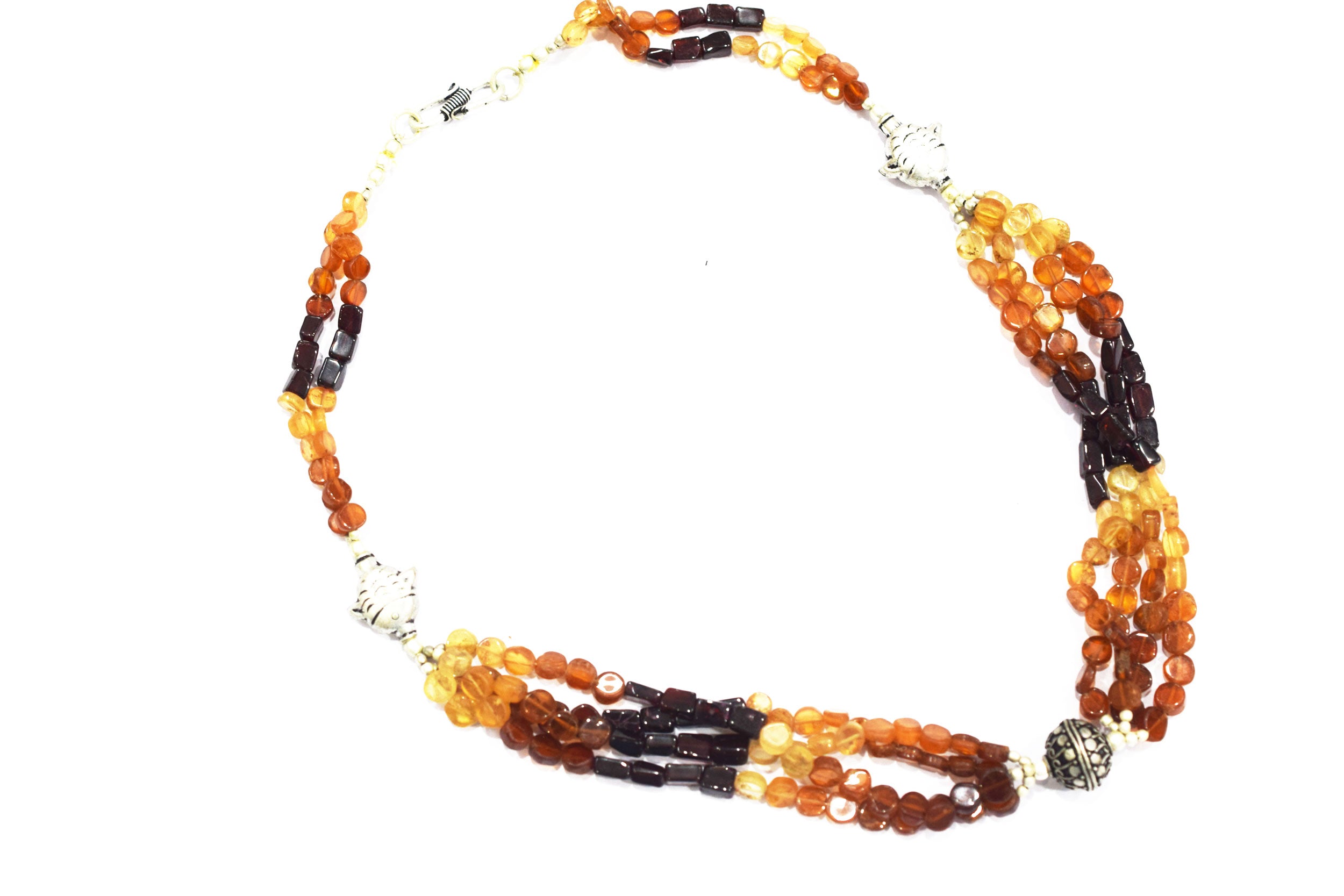 Hesonite Garnet and Red Garnet Multistrand Statement Necklace with Silver Accent Beads,32905