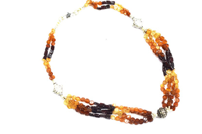 Hesonite Garnet and Red Garnet Multistrand Statement Necklace with Silver Accent Beads,32905