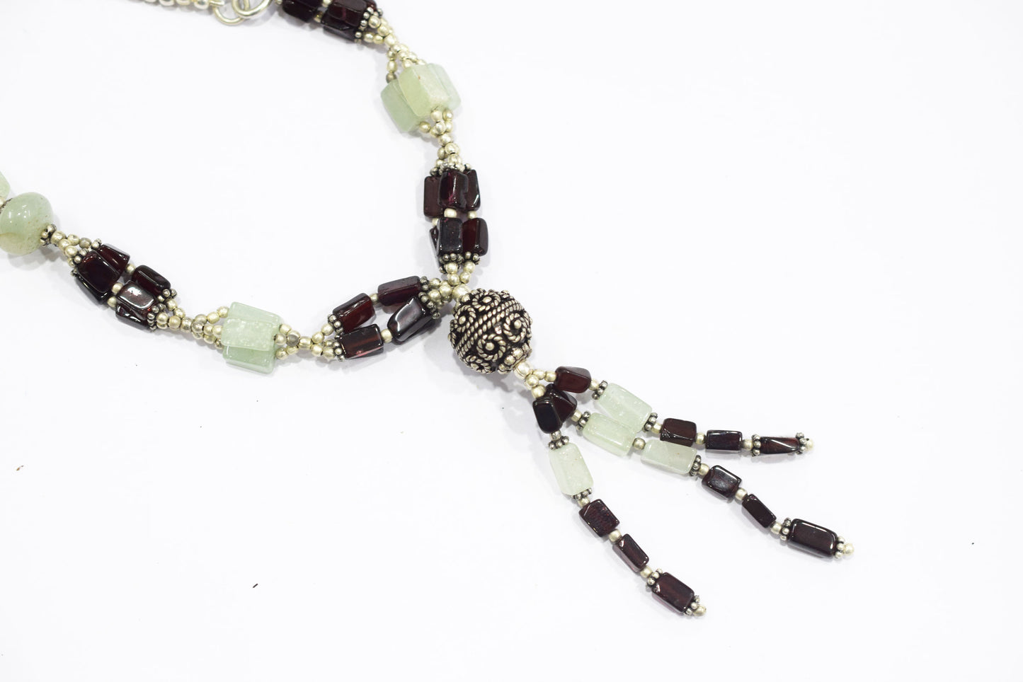 Natural Green Aventurine & Garnet Beaded Drop Tassel Necklace, Boho Chic Gemstone Jewelry,32906