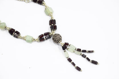 Natural Green Aventurine & Garnet Beaded Drop Tassel Necklace, Boho Chic Gemstone Jewelry,32906