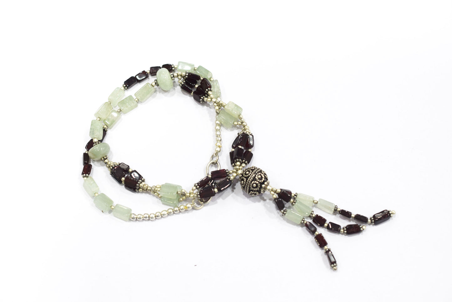 Natural Green Aventurine & Garnet Beaded Drop Tassel Necklace, Boho Chic Gemstone Jewelry,32906