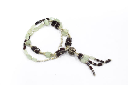 Natural Green Aventurine & Garnet Beaded Drop Tassel Necklace, Boho Chic Gemstone Jewelry,32906