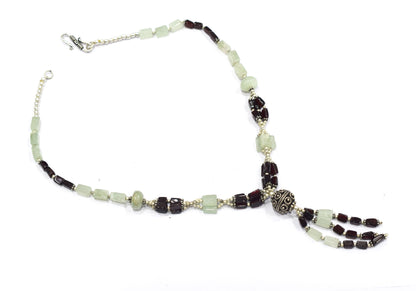 Natural Green Aventurine & Garnet Beaded Drop Tassel Necklace, Boho Chic Gemstone Jewelry,32906