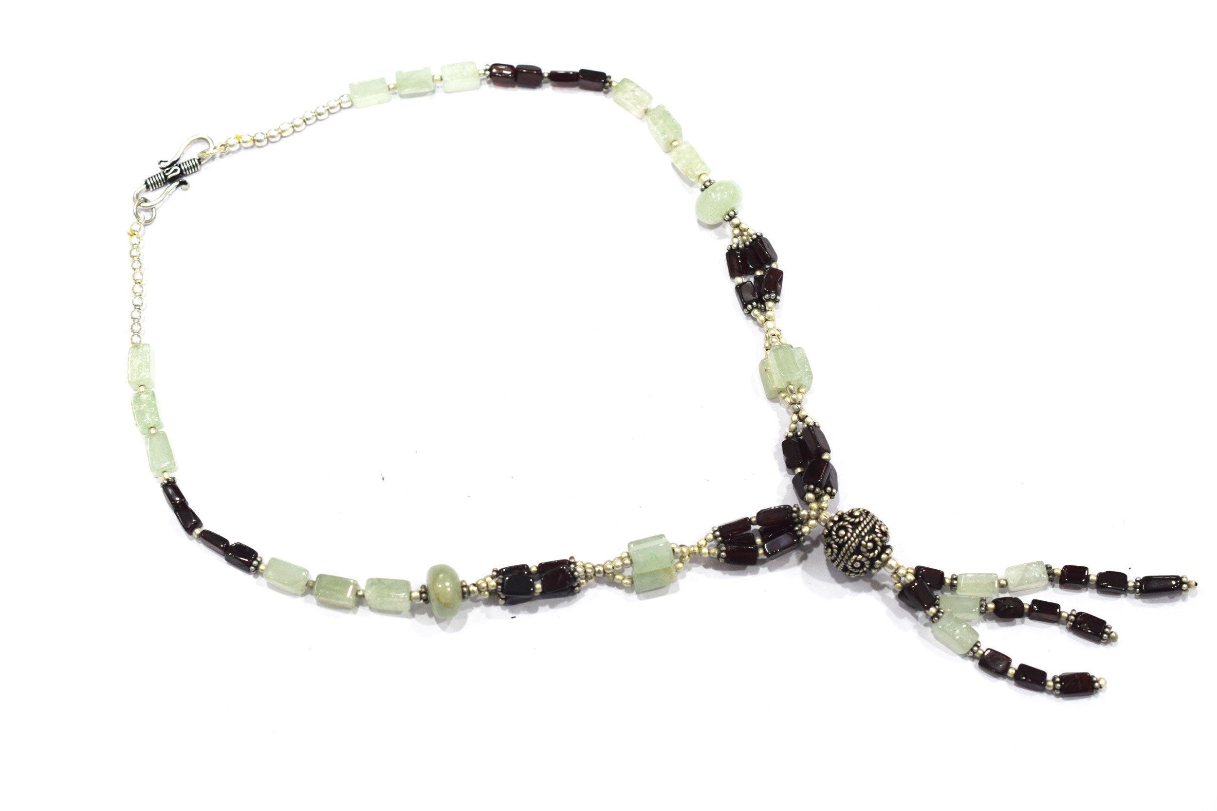 Natural Green Aventurine & Garnet Beaded Drop Tassel Necklace, Boho Chic Gemstone Jewelry,32906