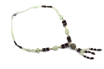 Natural Green Aventurine & Garnet Beaded Drop Tassel Necklace, Boho Chic Gemstone Jewelry,32906