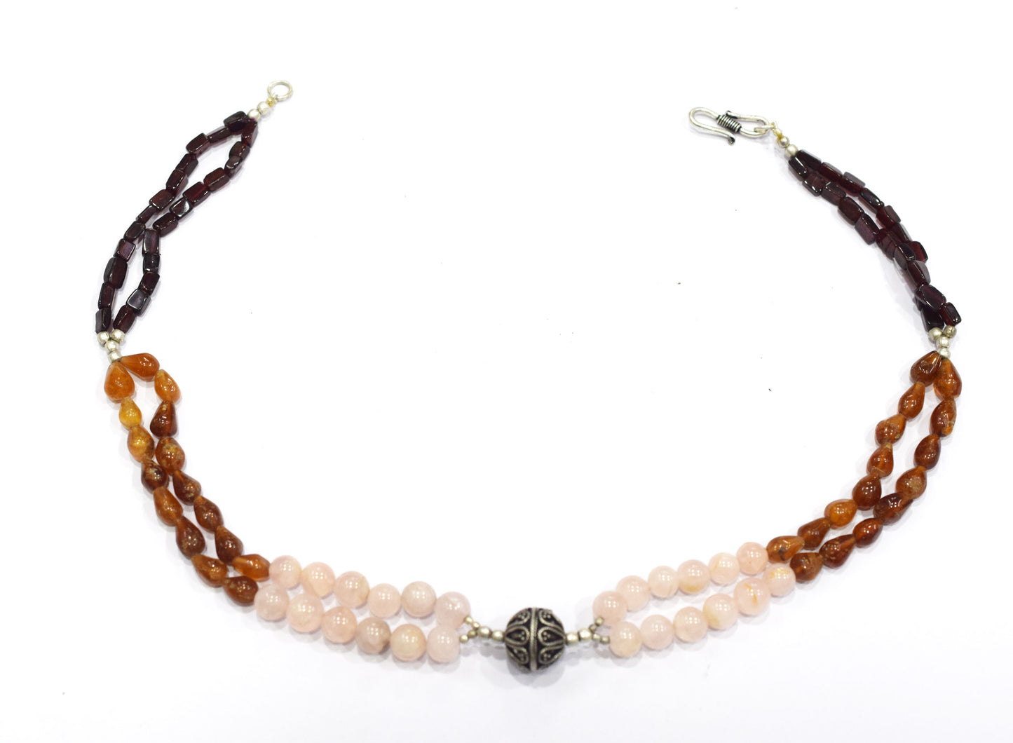 Natural Rose Quartz & Hesonite Garnet Beaded Layered Necklace, Romantic Boho Gemstone Jewelry,32907