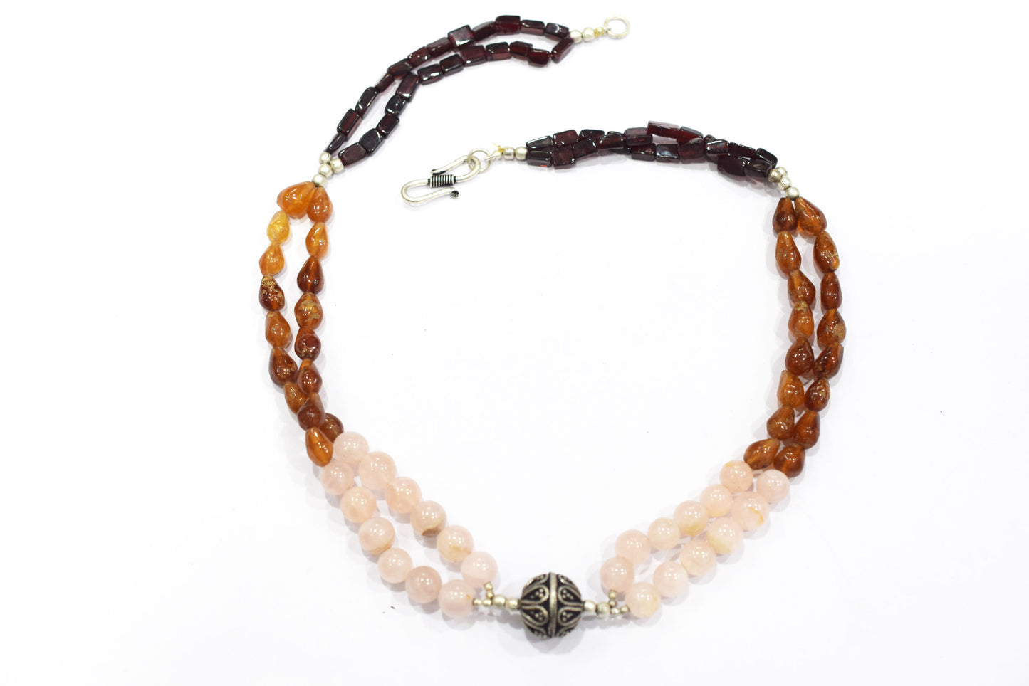 Natural Rose Quartz & Hesonite Garnet Beaded Layered Necklace, Romantic Boho Gemstone Jewelry,32907