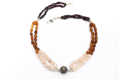 Natural Rose Quartz & Hesonite Garnet Beaded Layered Necklace, Romantic Boho Gemstone Jewelry,32907