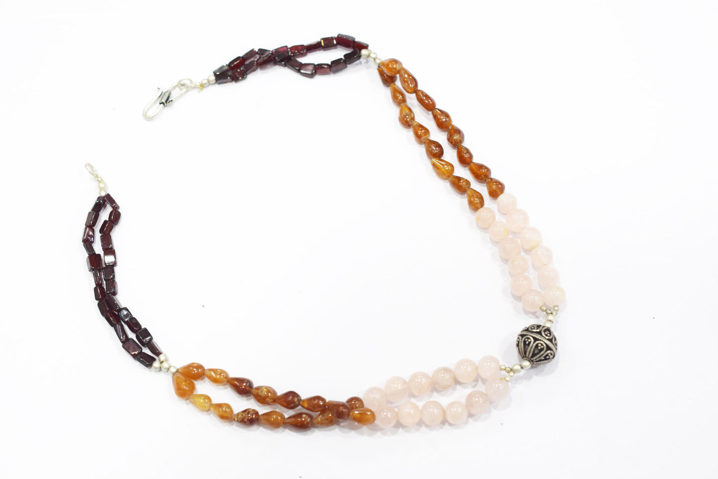 Natural Rose Quartz & Hesonite Garnet Beaded Layered Necklace, Romantic Boho Gemstone Jewelry,32907