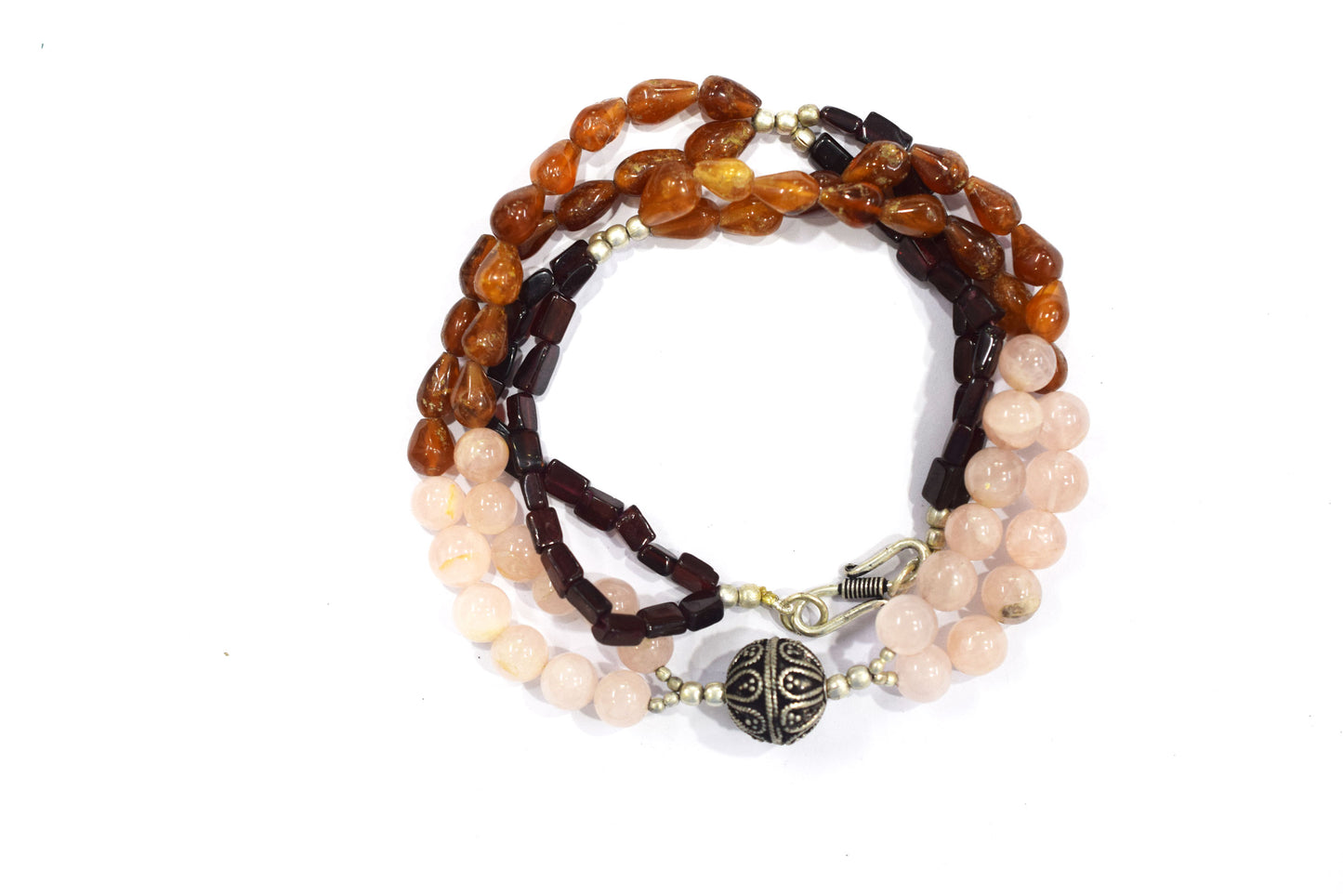 Natural Rose Quartz & Hesonite Garnet Beaded Layered Necklace, Romantic Boho Gemstone Jewelry,32907
