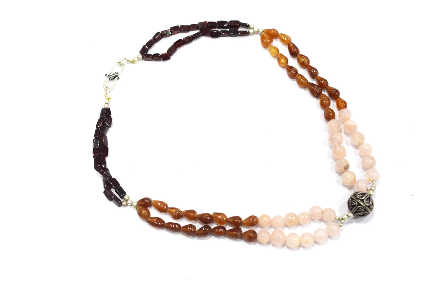 Natural Rose Quartz & Hesonite Garnet Beaded Layered Necklace, Romantic Boho Gemstone Jewelry,32907