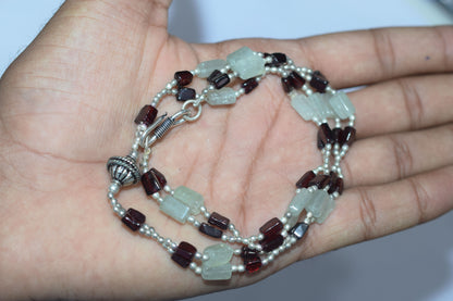 Natural Green Aventurine & Red Garnet Geometric Bead Necklace, Boho Chic Gemstone Choker,32908