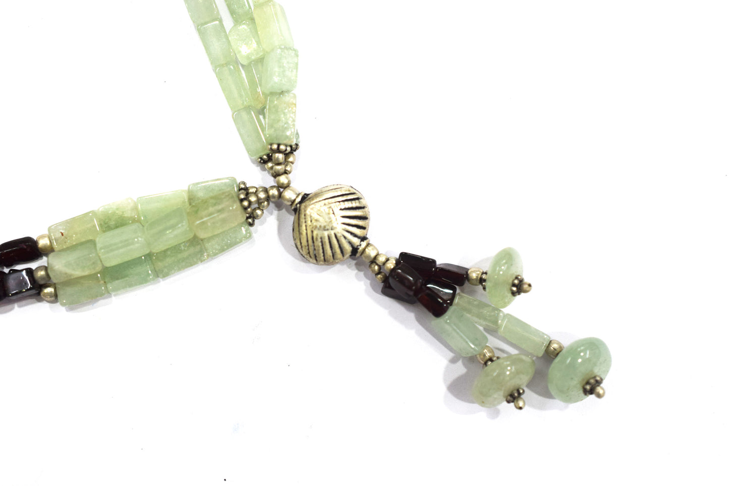 Natural Green Aventurine & Garnet Beaded Drop Tassel Necklace, Boho Chic Gemstone Jewelry,32909