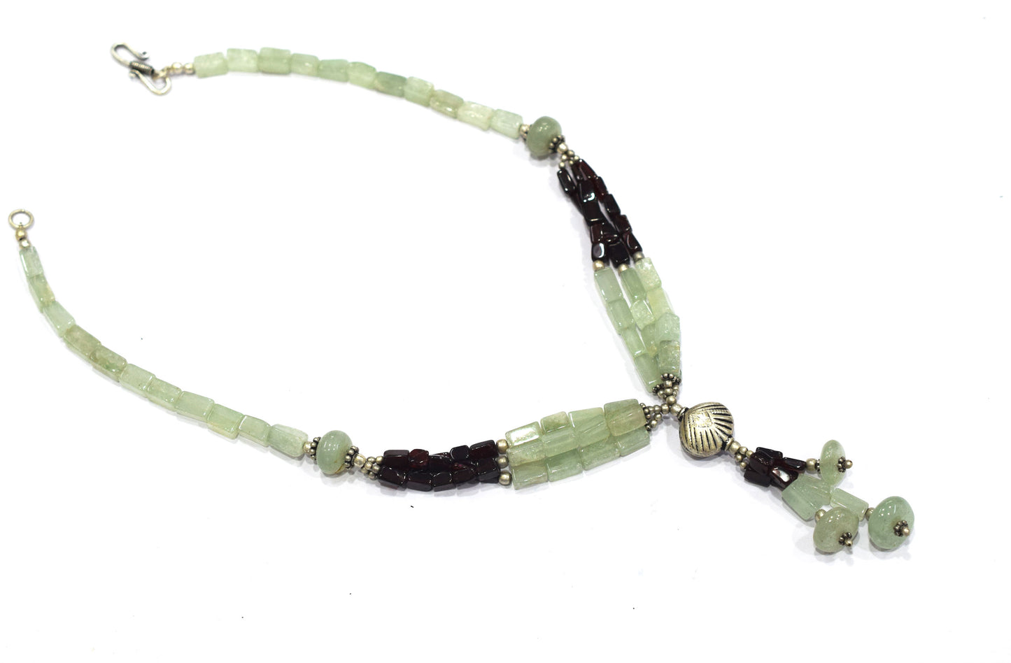 Natural Green Aventurine & Garnet Beaded Drop Tassel Necklace, Boho Chic Gemstone Jewelry,32909