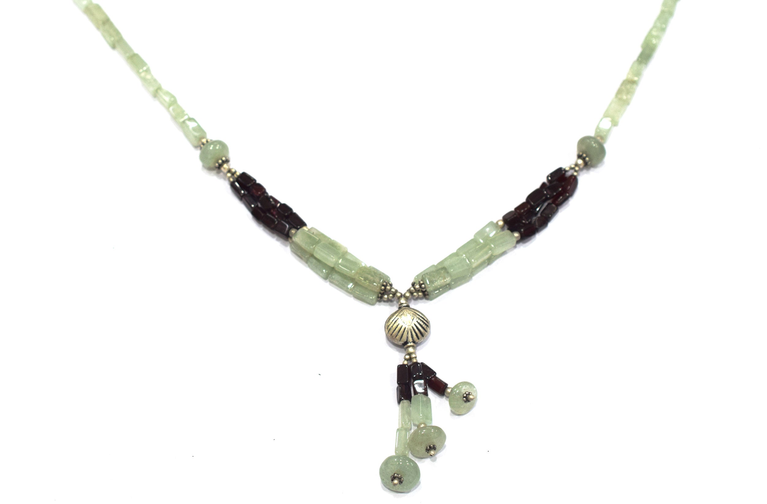 Natural Green Aventurine & Garnet Beaded Drop Tassel Necklace, Boho Chic Gemstone Jewelry,32909