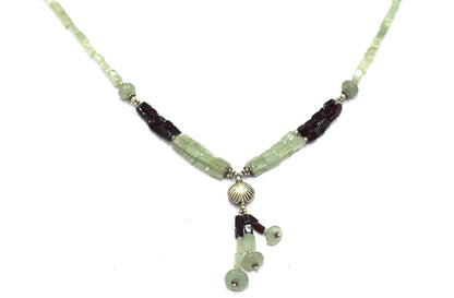 Natural Green Aventurine & Garnet Beaded Drop Tassel Necklace, Boho Chic Gemstone Jewelry,32909