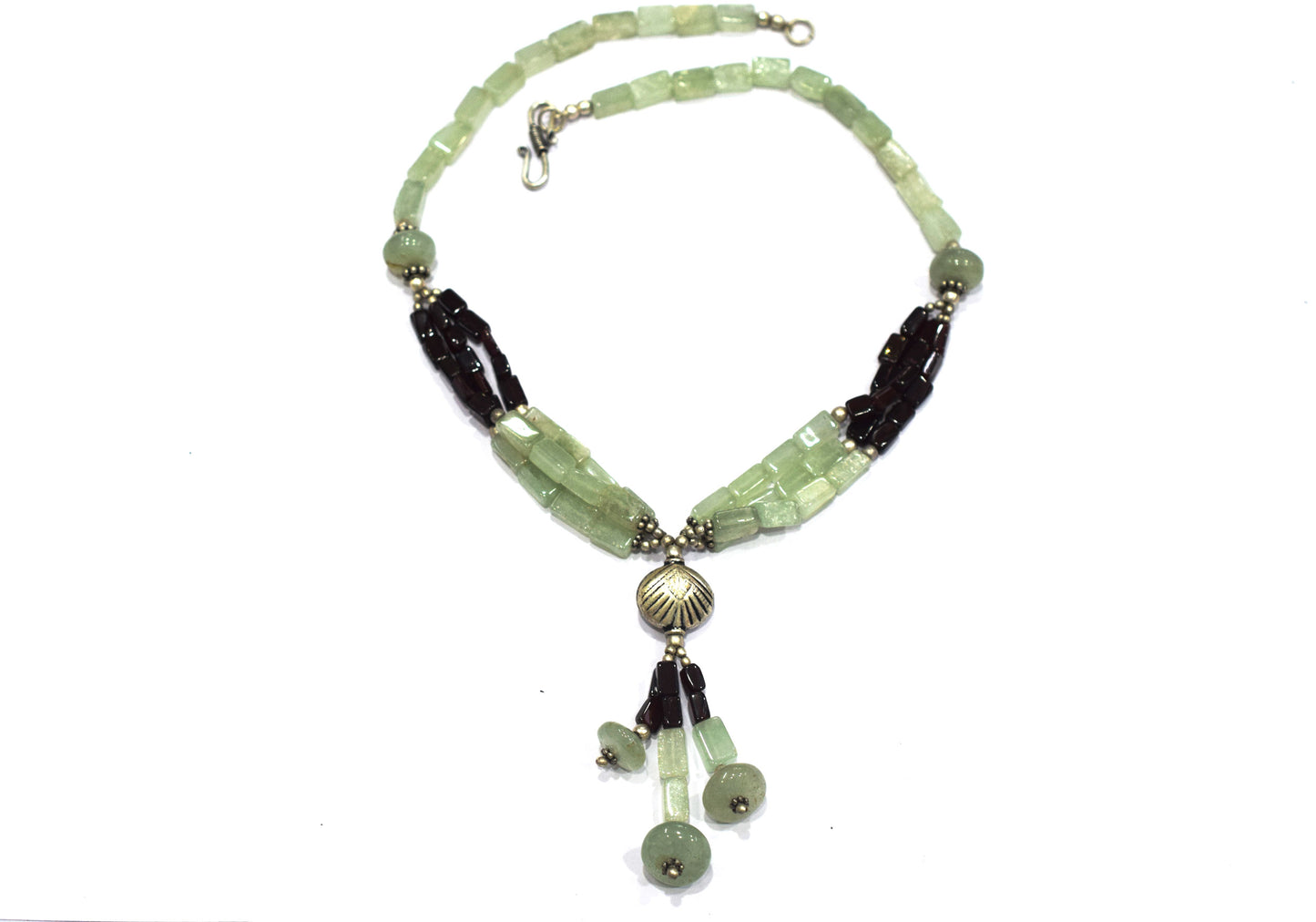 Natural Green Aventurine & Garnet Beaded Drop Tassel Necklace, Boho Chic Gemstone Jewelry,32909